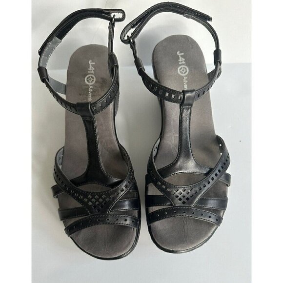 J-41 Sz 8 M Black Strappy Synthetic Wedge Heel Women Sandals Claire - Picture 7 of 8